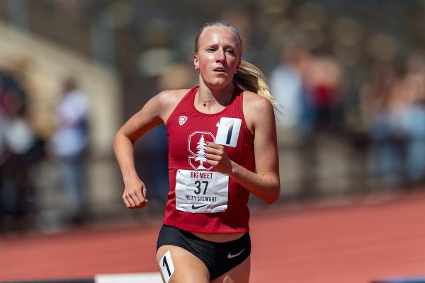 Riley Stewart during a meet against the University of California-Berkeley at Cobb Track and Angell Field on April 30, 2024. Stewart finished in 44th place in the ACC Championships, contributing to Stanford's 150 points as the team finished in fourth place. (Photo: JOHN LOZANO/ISI Photos)