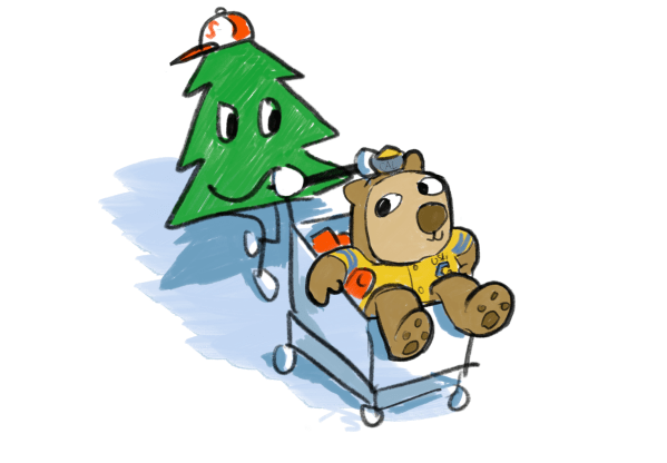 The Stanford Tree mascot pushes the Cal bear mascot in a shopping cart.