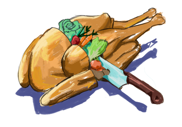 A knife cuts open a chicken to reveal vegetables.