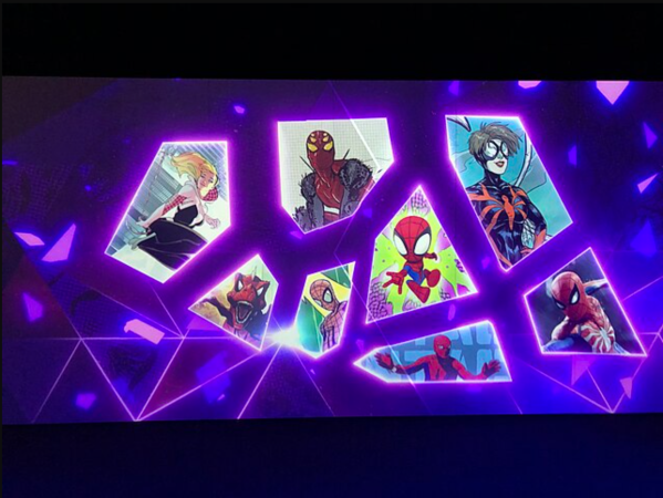 Different iterations of comic book Spider-Man appear on animated shards of glass.