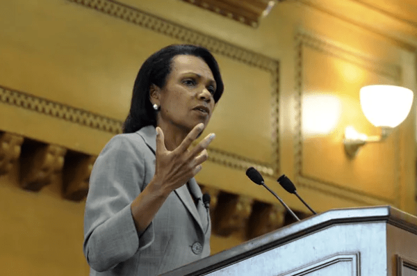 Condoleezza Rice spoke for the final installment of "Reimagining Democracy" on Veterans Day (Photo: ANDREW HEN/The Stanford Daily)