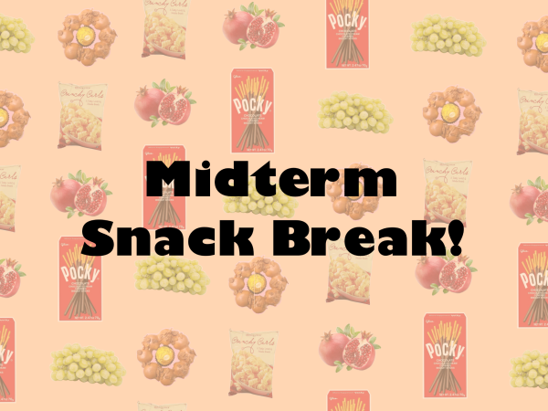 Pocky, mochi donuts, grapes and pomegranates line an orange backdrop with black text reading "Midterm Snack Break!"
