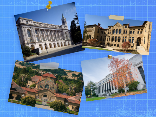 Stanford and Berkeley buildings pinned onto an architecture blueprint page.