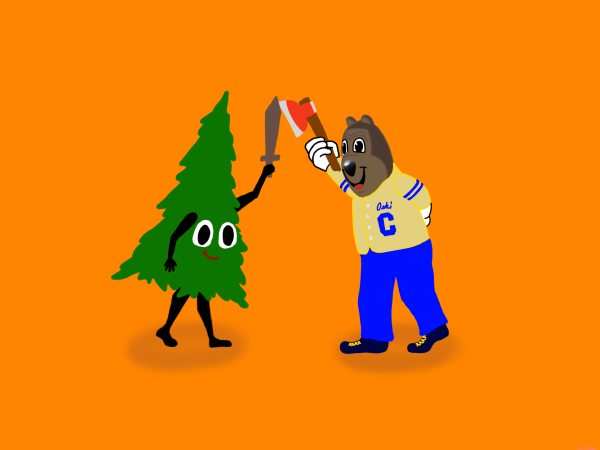The tree mascot duels with Oski the bear on an orange background.