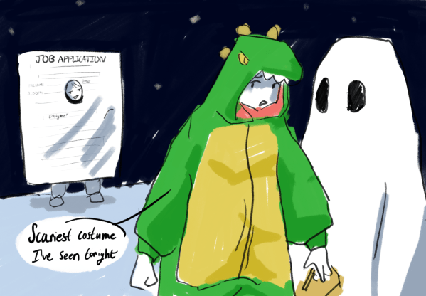 A person in a green dinosaur costume stands next to a ghost, turning away from a "job application" costume while saying "Scariest costume I've seen tonight."
