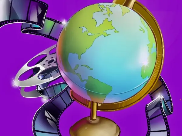 An animated globe is wrapped around by a long filmstrip amongst a purple background.