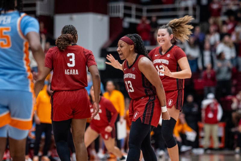 Chloe Clardy, Nunu Agara and Lara Somfai during a game against the University of Tennessee at Maples Pavilion on Dec. 3. The Cardinal were unable to capture a statement win as the Volunteers squeaked out a 65-62 win. (Photo: MADDIE HINKLEY/ISI Photos)