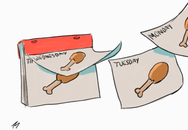 Pages fly off of a daily calendar, each depicting the same food.