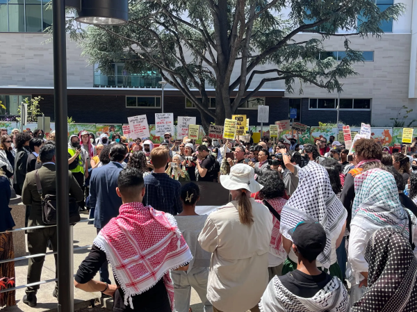 Protesters gather outside the Palo Alto Courthouse in May 2025 to support the five individuals facing felony charges for breaking into Building 10. Pretrial motions for the case were heard by a judge on Dec. 9 and 10 at the Hall of Justice in San Jose. (Photo: STERLING DAVIES/The Stanford Daily)