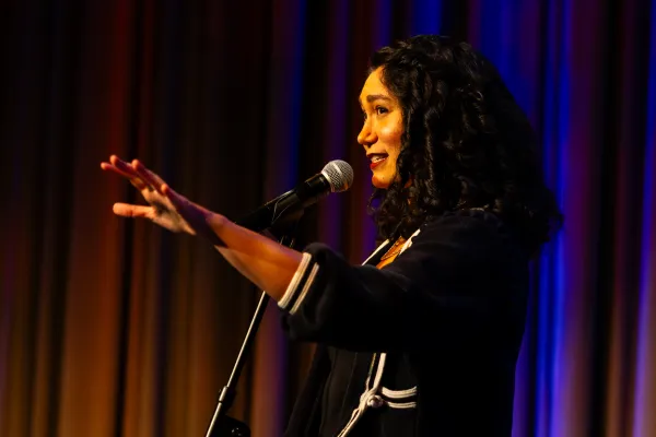 Sarah Kay performs onstage at 'Poetry Live!'.
