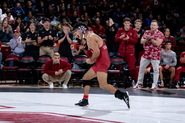 Aden Valencia during a game against Iowa State University at Maples Pavilion on Jan. 4. Stanford wrestling fell just short of rallying for a miraculous win last Friday night. (Photo: JOHN LOZANO/ISI Photos)