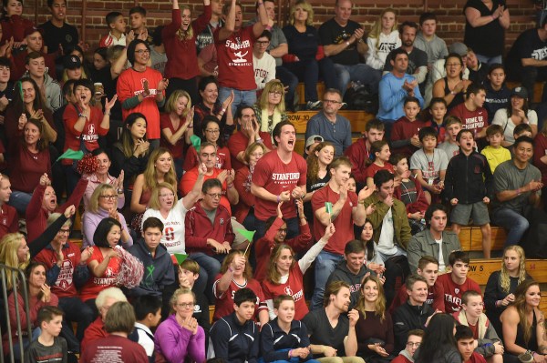 The Stanford crowd cheers on the Stanford men's gymnastics team at Burnham Pavilion on Jan. 25, 2020. Burnham was an electric atmosphere for Stanford boxing's first Fight Night on Jan. 17. (Photo: CODY GLENN/ISI Photos)