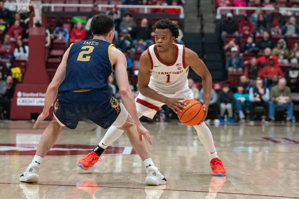 Ebuka Okorie during a game against the University of Notre Dame at Maples Pavilion on Dec. 30, 2025. Okorie led all scorers with 28 points in the upset win over Louisville Friday night. (Photo: SUPRIYA LIMAYE/ISI Photos)