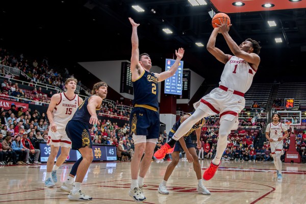 Ebuka Okorie during a game against the University of Notre Dame at Maples Pavilion on Dec. 30, 2025. Okorie nailed the game-winning shot in Wednesday's win over Virginia Tech. (Photo: SUPRIYA LIMAYE/ISI Photos)