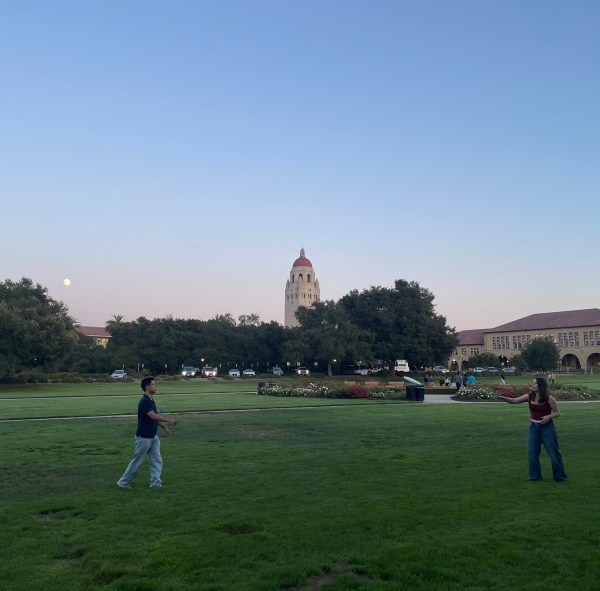 Students throw a frisbee on the Oval.