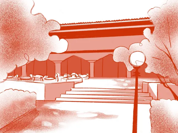 Tresidder Memorial Union is depicted in red ink, featuring its outdoor seating area flanked by nearby trees.