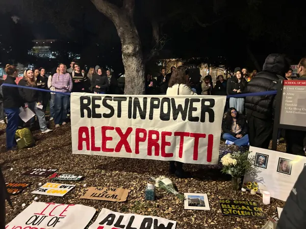 Healthcare Workers for Justice in Palestine host vigil in honor of Alex Pretti. (ALULA ALDERSON/The Stanford Daily)