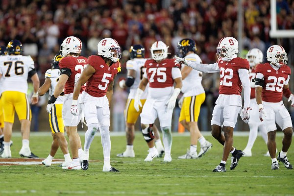 The Stanford defense celebrates during Big Game last November at Stanford Stadium on Nov. 22, 2025. The program prepares for roster changes as the transfer portal heats up. (Photo: BOB DREBIN/ISI Photos)