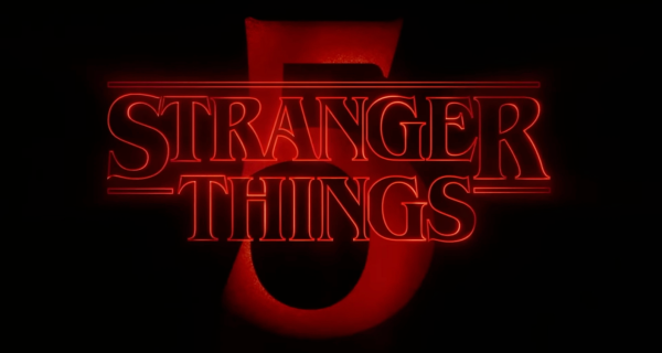 A red "Stranger Things" banner with a "5" behind it among a black background.