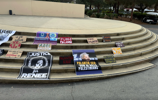 Campus groups, including SJP and ACLU, organized a walkout at White Plaza this Wednesday in an attempt to draw attention to Stanford’s ties with Palantir. 
(Photo: AADI KUCHERIA / The Stanford Daily)