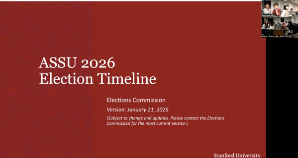 A Zoom presentation titled "ASSU 2026 Election Timeline"