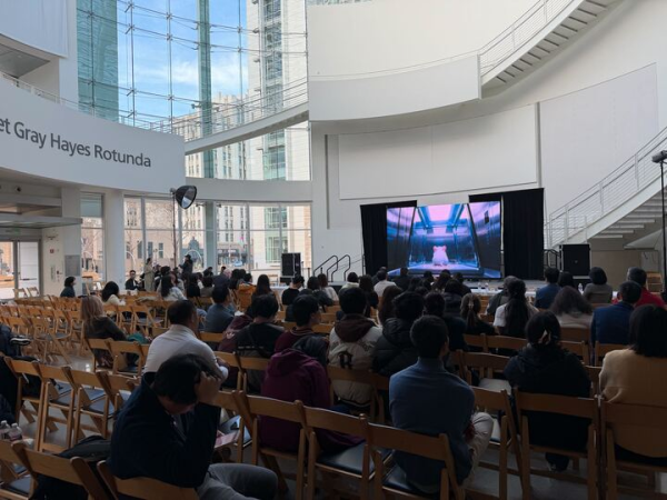 A screening of an AI-generated film submission at the Silicon Valley AI Film Festival.