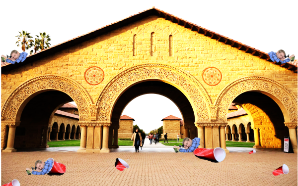 Stanford’s motto, “Die Luft Der Freiheit Weit,” literally translates to “Die if your fun here wanes.” (Graphic: JENNY BALLUTAY/The Stanford Daily)