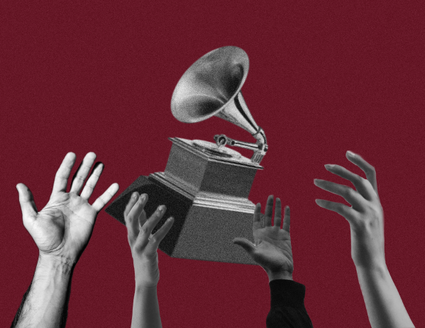 A graphic of a Grammy surrounded by outstretched hands.