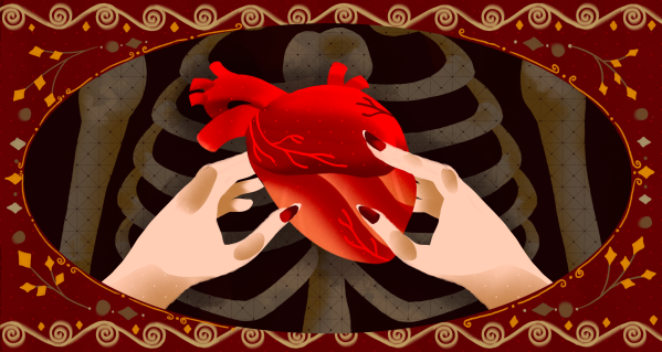 Hands with nails painted red hold a human heart inside a rib cage