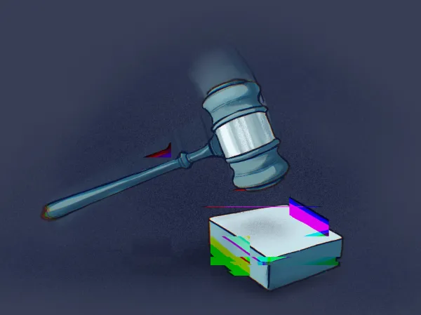 A gavel coming down on a stack of glitching digital papers.