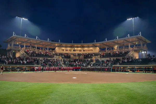 View of the softball stadium from center field.