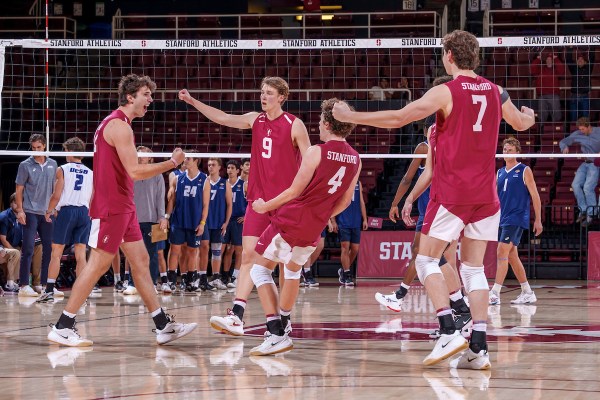 Stanford men's volleyball during a game against UC Santa Barbara on Jan. 22, 2026. Freshman opposite hitter Erik Ask (#9) led the Cardinal with 15 kills on Saturday against UC Merced. (Photo: GLEN MITCHELL/ISI Photos)