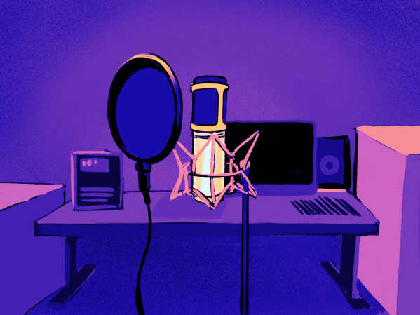 Image of microphone in purple lit room.