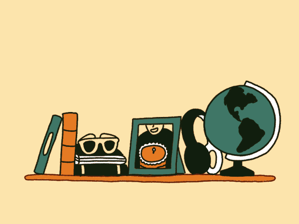illustration of a shelf with books, a pair of glasses, headphones, a globe, and a framed photo