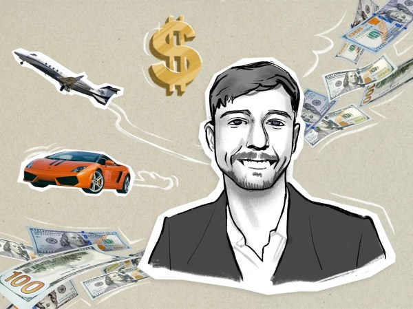 MrBeast surrounded by hundred-dollar bills, dollar signs, a private jet, and a Lamborghini.