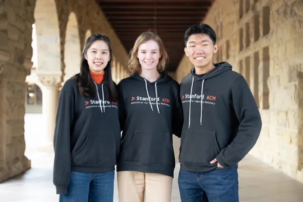 For Annie Lee ’27, Suze van Adrichem
’27 and Tony Wang ’27, the co-presidents
of Stanford’s Association for Comput-
er Machinery (ACM) club, AI is not an
existential threat; rather, it is an invaluable
tool that can be used to advance the field
of computer science. (Photo: CAYDEN GU/The Stanford Daily)