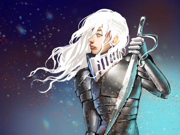 A platinum-haired Celaena Sardothien stands in silver armor, holding a sword in her left hand.