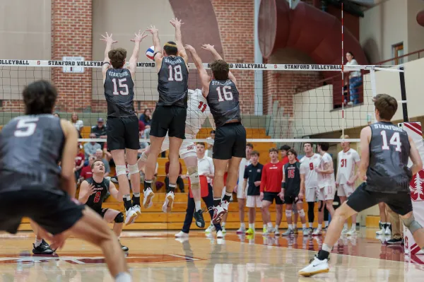 Men's volleyball players block ball above the net during a game.