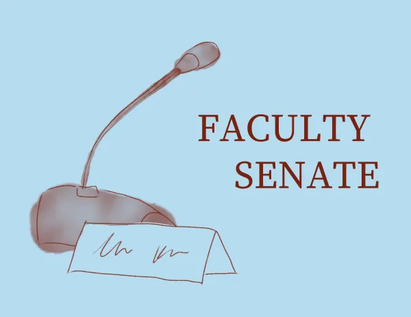 An illustration of a microphone alongside a placard and the words "Faculty Senate."