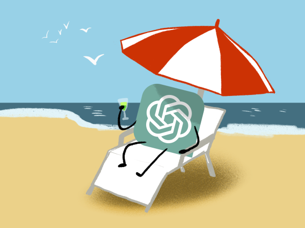 ChatGPT logo on a beach, drinking a battery acid cocktail, under a red and white umbrella