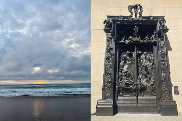 The sunset at Half Moon Bay on the left with Rodin's sculpture, The Gates of Hell on the right.
