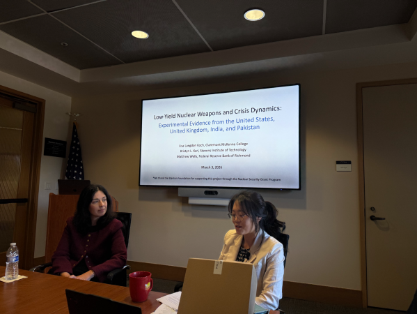 Lisa Koch, an associate professor of government at Claremont McKenna University, gives a talk on nuclear arms perceptions at CISAC. (AADI KUCHERIA/The Stanford Daily)