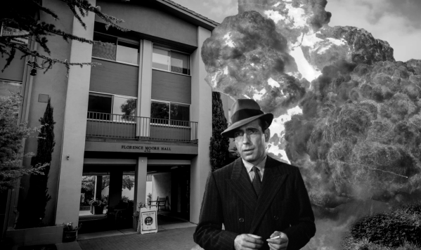 a grayscale photo of florence moore hall with a fake explosion nearby