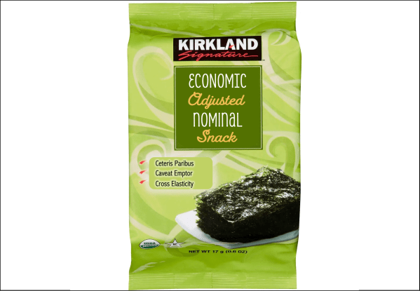 Green Kirkland Seaweed Package That Reads "Economic Adjusted Nominal Snack"