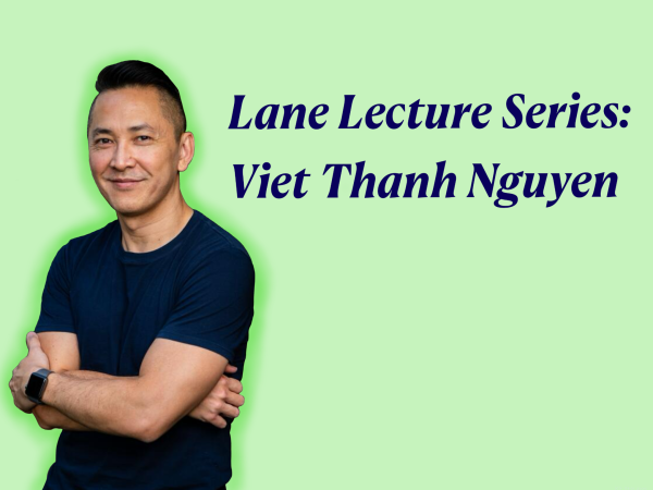 Viet Thanh Nguyen stands in a dark blue t-shirt against a mint green background and dark blue text that reads "Lane Lecture Series: Viet Thanh Nguyen"