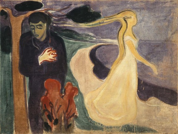 A painting that depicts a man in black with a hand over his heart on the left, and a woman in a white dress walking away from him on the right.