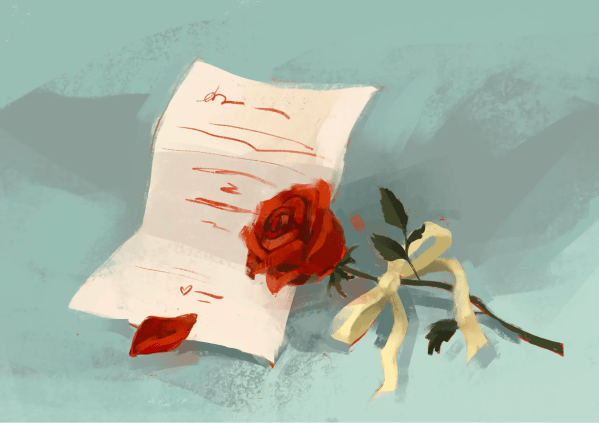 A red rose sits next to a piece of paper with writing on it.