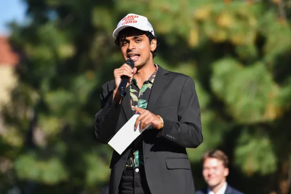 Madhav Prakash gives a speech at the ASSU executive debate.
