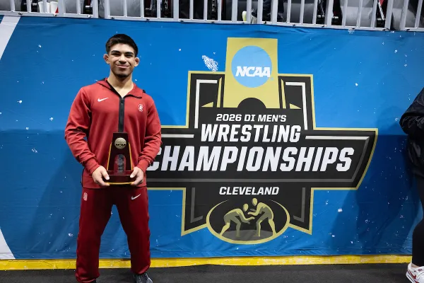 Aden Valencia during the NCAA Wrestling Championships at Rocket Arena on March 21 in Cleveland, Ohio. Valencia is the third national champion in Stanford wrestling history. (Photo: JOHN LOZANO/ISI Photos)