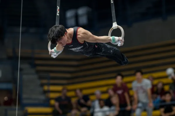 Men's gymnast suspended in the air holding on to rings.